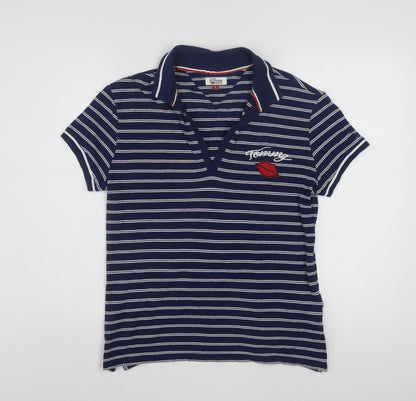 Tommy Hilfiger Women Blue Striped Cotton Polo Shirt L