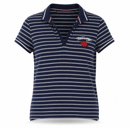 Tommy Hilfiger Women Blue Striped Cotton Polo Shirt L