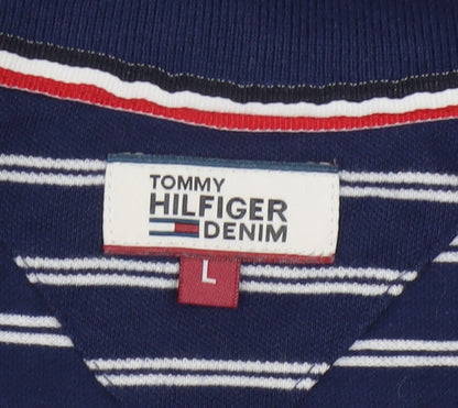 Tommy Hilfiger Women Blue Striped Cotton Polo Shirt L