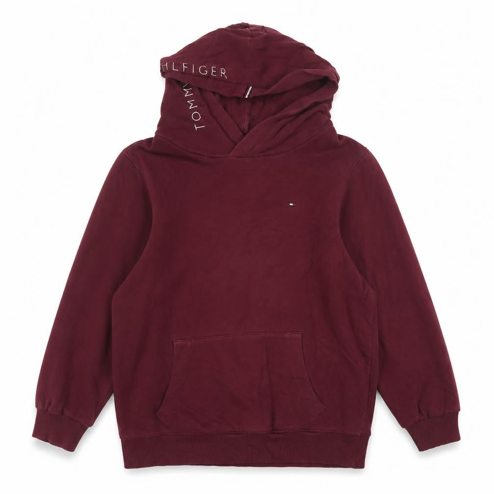 Front view of Tommy Hilfiger boys’ burgundy hoodie size 176cm pullover cotton blend