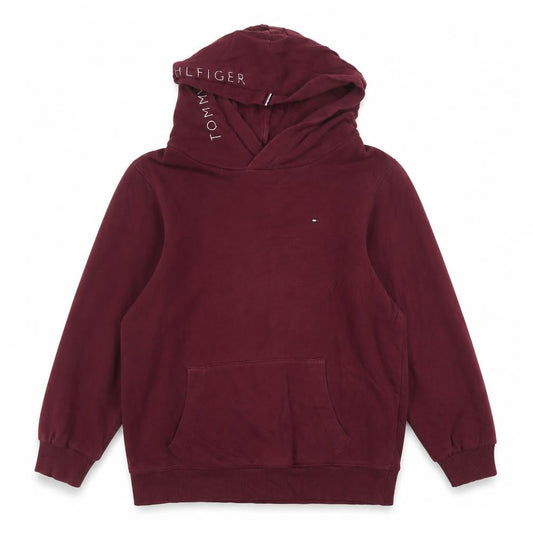 Front view of Tommy Hilfiger boys’ burgundy hoodie size 176cm pullover cotton blend