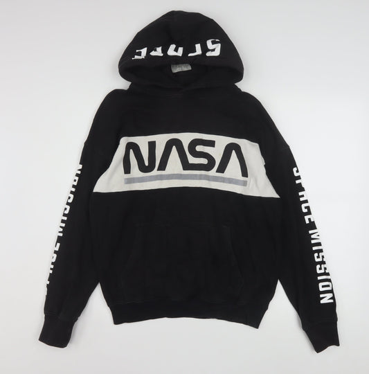 H&M Boys Black NASA Graphic Pullover Hoodie 14 Years Hooded Sweatshirt