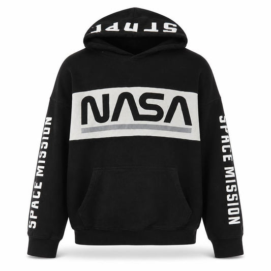 Front view of H&M boys’ black nasa graphic pullover hoodie 14 years hooded sweatshirt