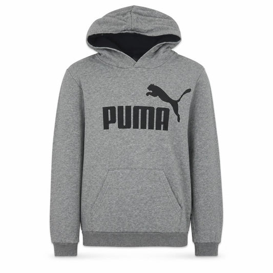 Front view of Puma boys’ grey pullover hoodie fleece 13-14 years logo graphic