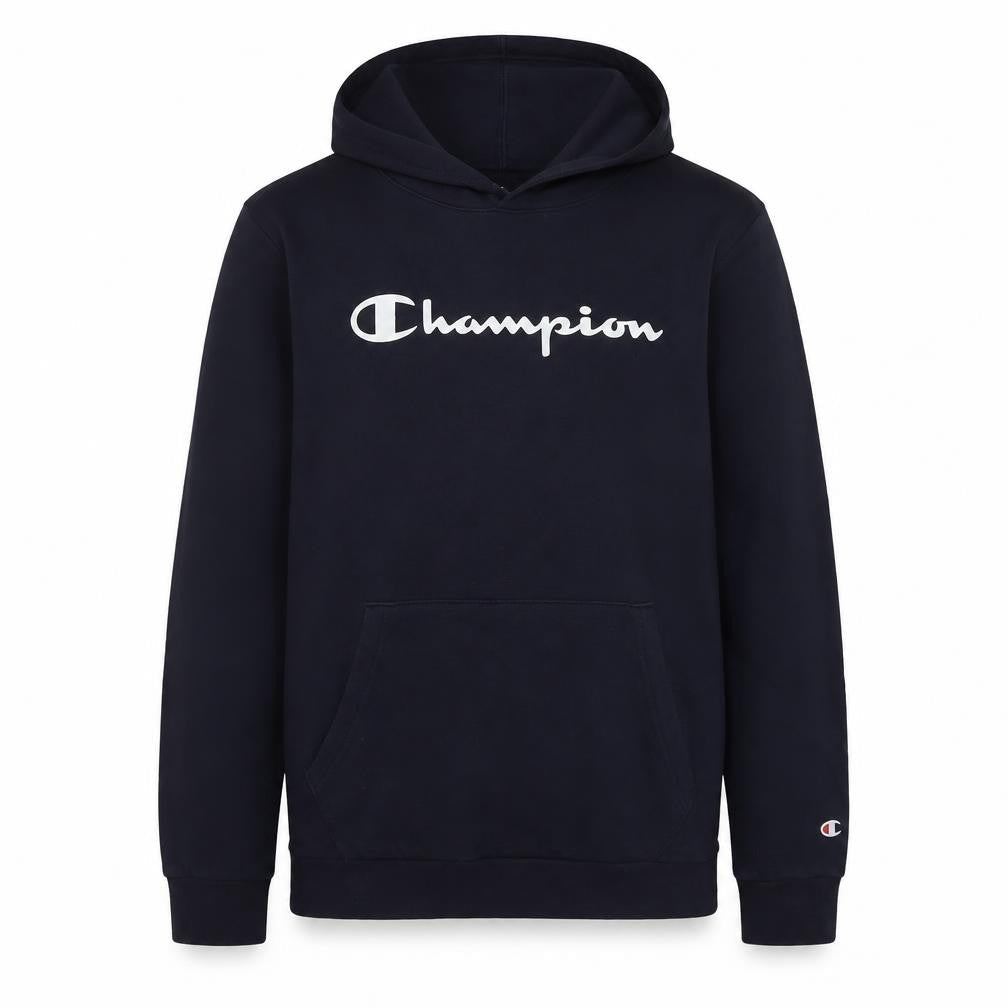 Front view of Champion boys’ black hoodie 13-14 years pullover fleece logo sweatshirt