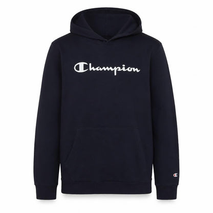 Front view of Champion boys’ black hoodie 13-14 years pullover fleece logo sweatshirt