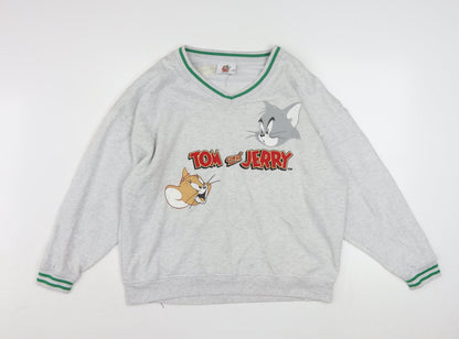 Tom and Jerry Grey V-Neck Pullover Sweatshirt Women S Polyester Blend