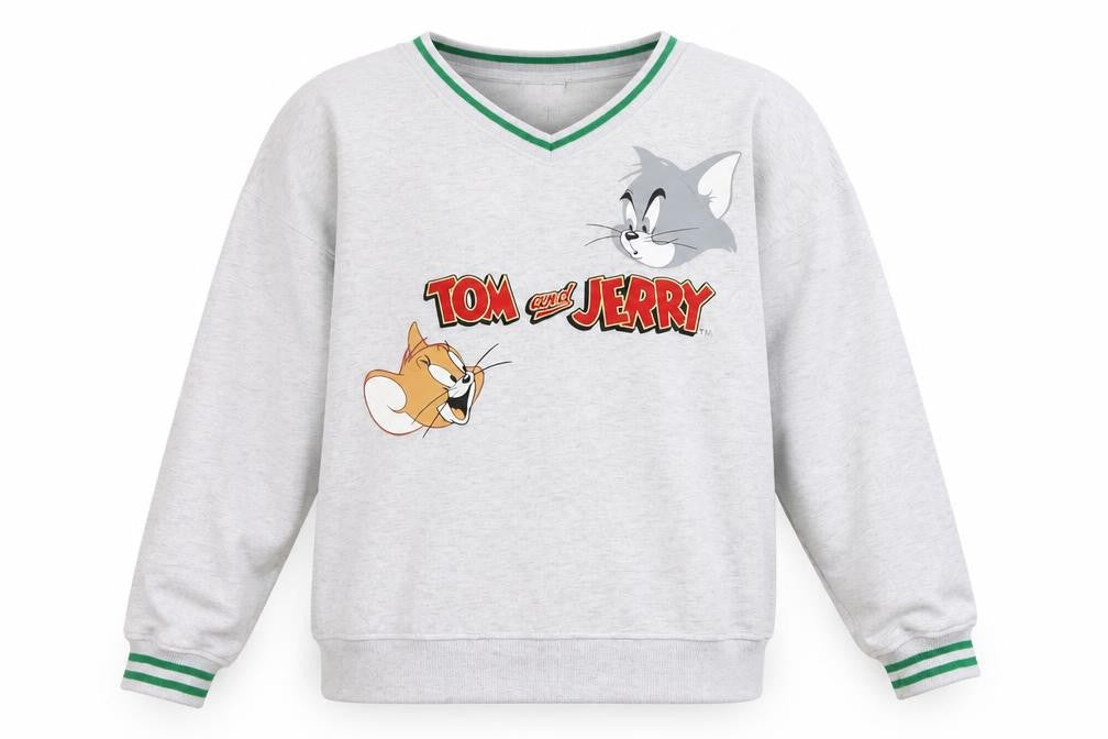 Tom and Jerry Grey V-Neck Pullover Sweatshirt Women S Polyester Blend
