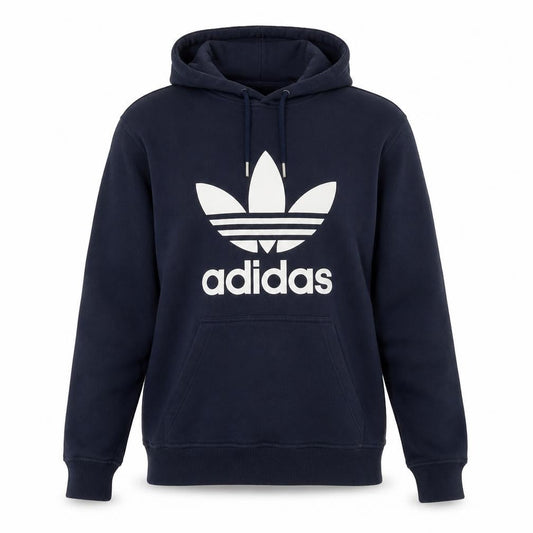 Front view of Adidas Men's Blue Pullover Hoodie Small Logo Fleece Sweatshirt