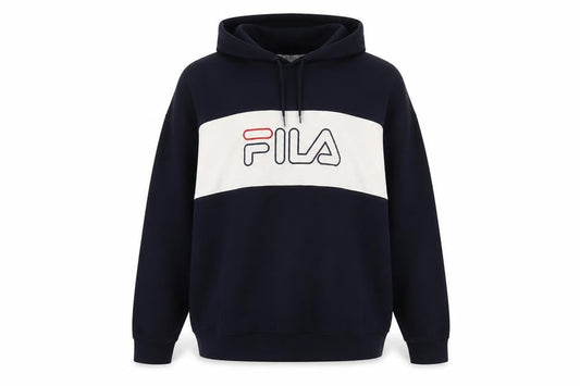 Front view of Fila boys’ black xl pullover hoodie with logo and colourblock design