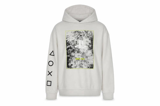 Front view of PlayStation boys’ white pullover hoodie 10-11 years graphic print gamer sweatshirt
