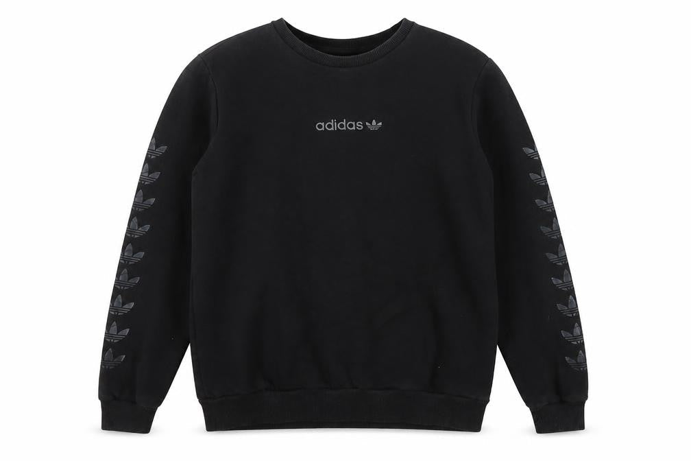 Front view of Adidas boys’ black xl crew neck pullover sweatshirt with logo sleeves