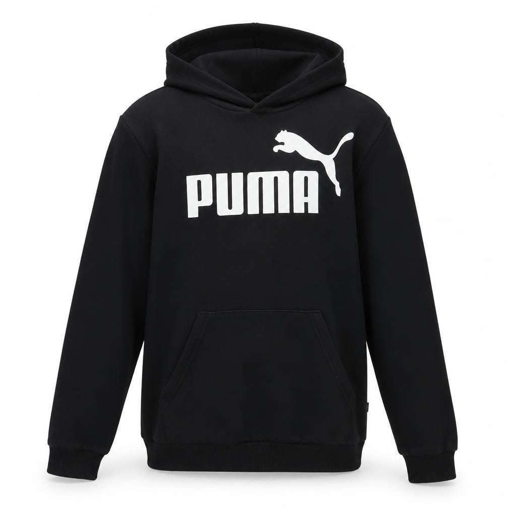 Front view of Puma boys’ black pullover hoodie 12-13 years fleece logo sweatshirt