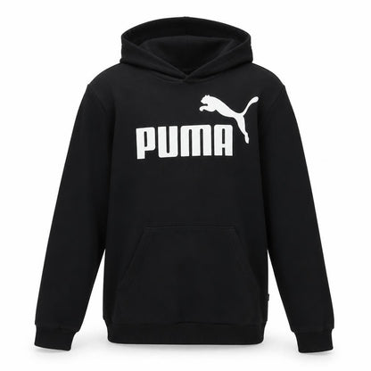 Front view of Puma boys’ black pullover hoodie 12-13 years fleece logo sweatshirt