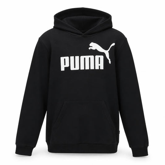 Front view of Puma boys’ black pullover hoodie 12-13 years fleece logo sweatshirt