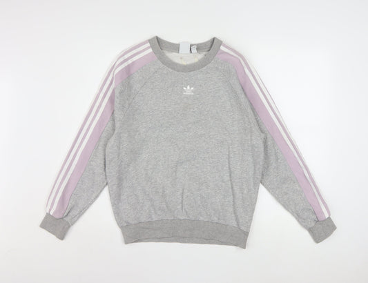 Adidas Women Grey & Lilac 3-Stripes Crew Neck Pullover Sweatshirt XS