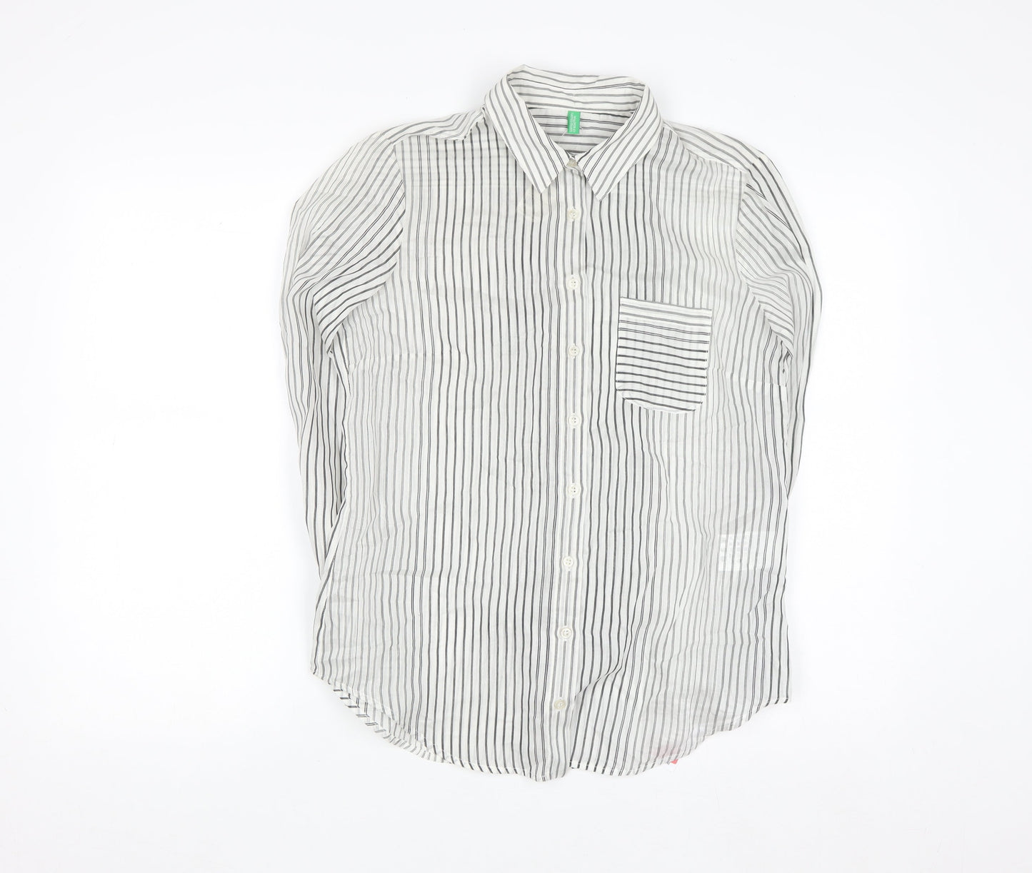 Benetton Women’s White Striped Cotton Silk Button-Up Shirt Size S