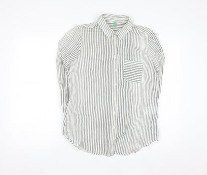 Benetton Women’s White Striped Cotton Silk Button-Up Shirt Size S