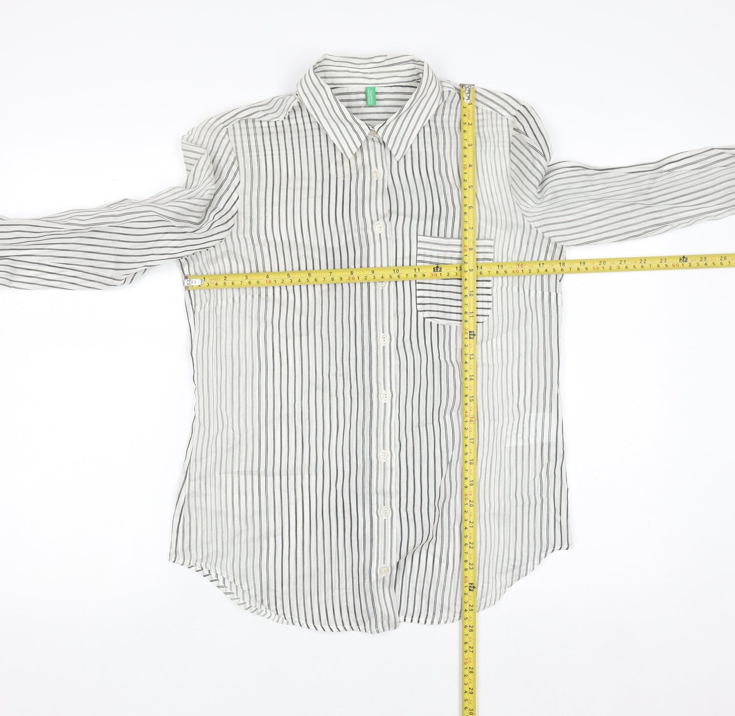 Benetton Women’s White Striped Cotton Silk Button-Up Shirt Size S