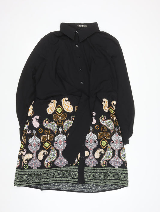 Girl In Mind Women Black Paisley Shirt Dress Size 16 Long Sleeve