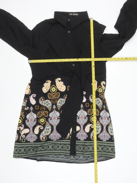 Girl In Mind Women Black Paisley Shirt Dress Size 16 Long Sleeve