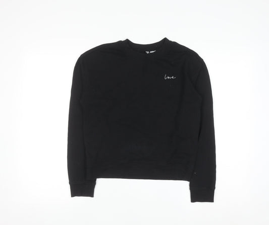 H&M Divided Women Black XS Pullover Sweatshirt with Love Embroidery