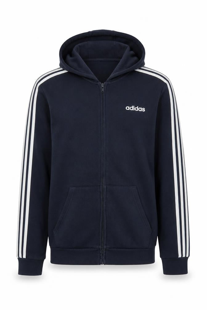 Front view of Adidas Men's Blue Full Zip Hoodie, size M, Sportswear Hooded Sweatshirt
