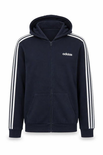 Front view of Adidas Men's Blue Full Zip Hoodie, size M, Sportswear Hooded Sweatshirt