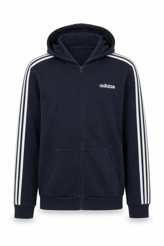 Front view of Adidas Men's Blue Full Zip Hoodie, size M, Sportswear Hooded Sweatshirt