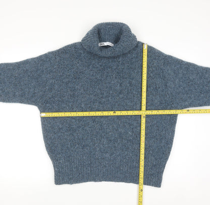 ZARA Women Blue Roll Neck Chunky-Knit Wool Blend Jumper Size 12