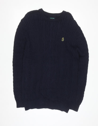 Luke Sport Men's Navy Blue Cotton Cable-Knit Crew Neck Jumper M