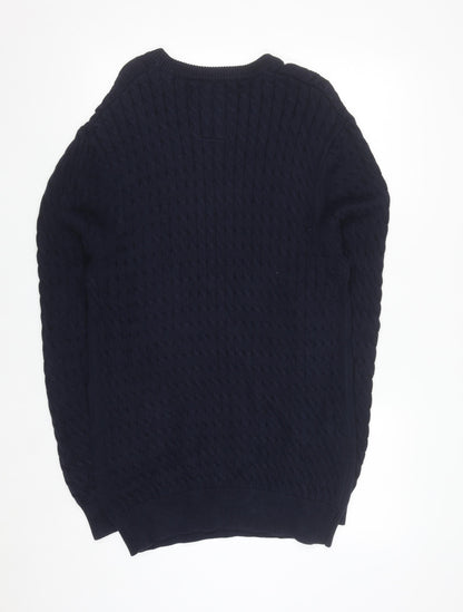 Luke Sport Men's Navy Blue Cotton Cable-Knit Crew Neck Jumper M