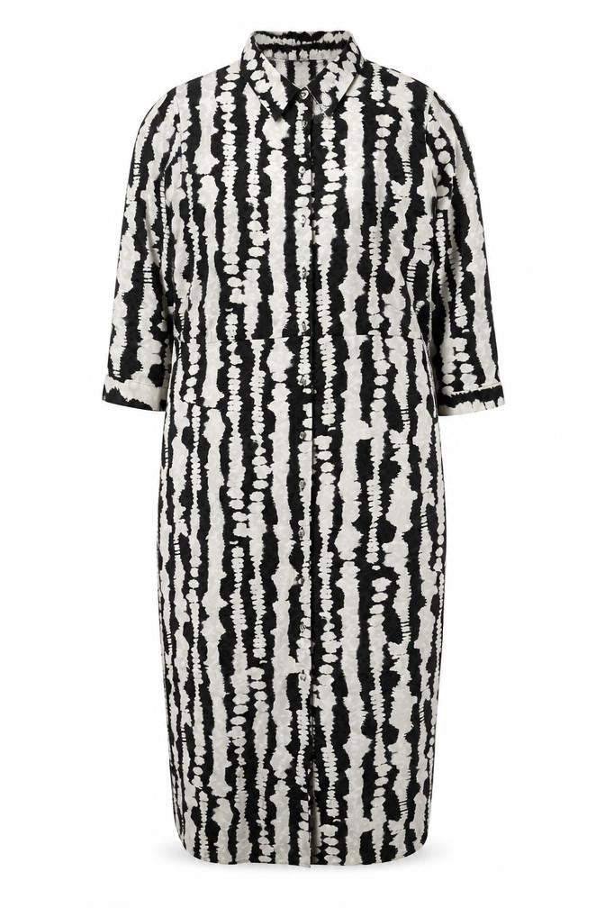 Front view of Dunnes Women’s Black Tie-Dye Collared Midi Shirt Dress, size UK 22
