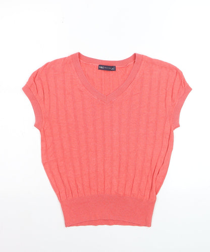 Marks and Spencer Women’s Pink V-Neck Ribbed Short Sleeve Jumper Size S