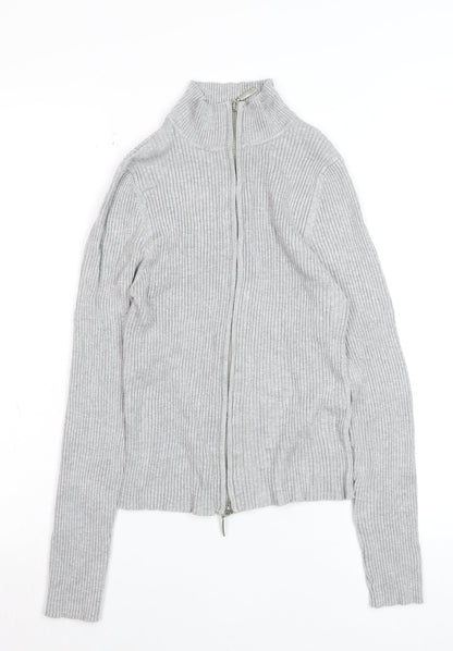 Stradivarius Women’s Grey Ribbed Full Zip Mock Neck Jumper Size 14