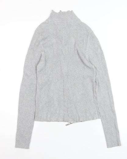 Stradivarius Women’s Grey Ribbed Full Zip Mock Neck Jumper Size 14