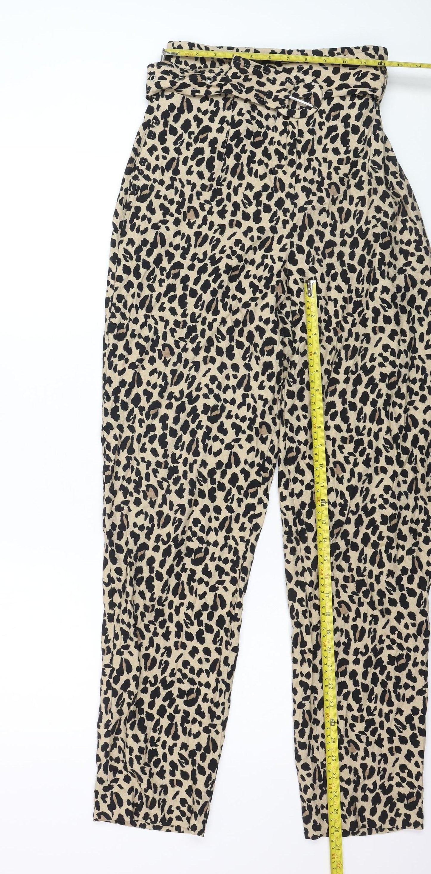 ZARA Women Beige Leopard Print Paperbag Trousers Size 12