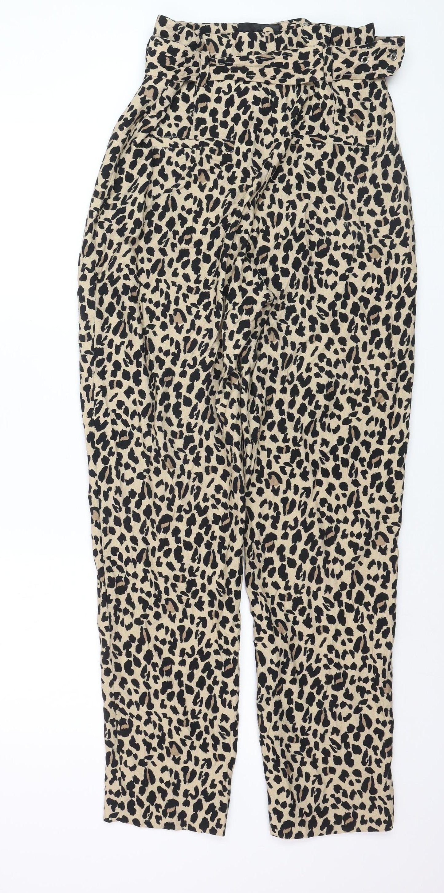 ZARA Women Beige Leopard Print Paperbag Trousers Size 12