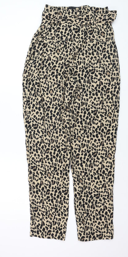 ZARA Women Beige Leopard Print Paperbag Trousers Size 12