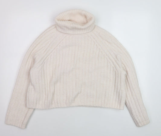 ZARA Women Ivory Roll Neck Ribbed Knit Wool Blend Jumper Size S