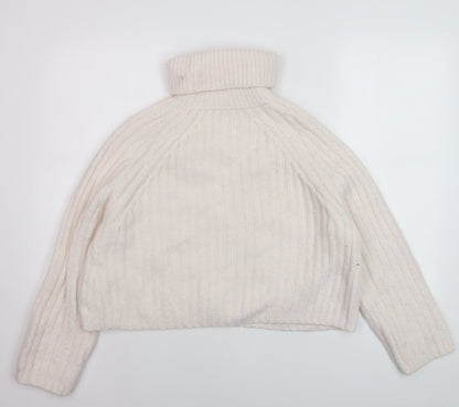 ZARA Women Ivory Roll Neck Ribbed Knit Wool Blend Jumper Size S