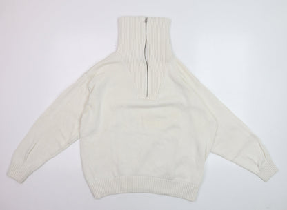 ZARA Women’s Ivory High Neck Zip Cotton Jumper XL Relaxed Fit