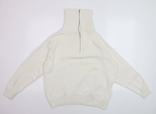 ZARA Women’s Ivory High Neck Zip Cotton Jumper XL Relaxed Fit
