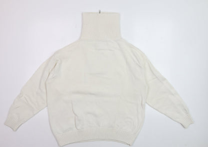 ZARA Women’s Ivory High Neck Zip Cotton Jumper XL Relaxed Fit
