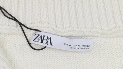 ZARA Women’s Ivory High Neck Zip Cotton Jumper XL Relaxed Fit