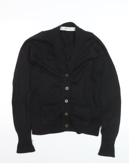 ZARA Women Black V-Neck Cardigan S Acrylic Angora Knit