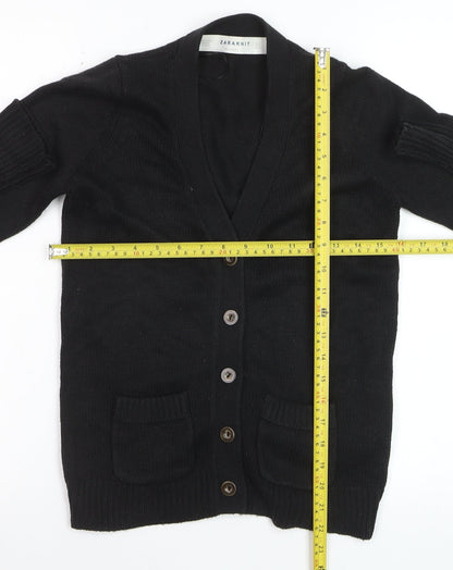ZARA Women Black V-Neck Cardigan S Acrylic Angora Knit
