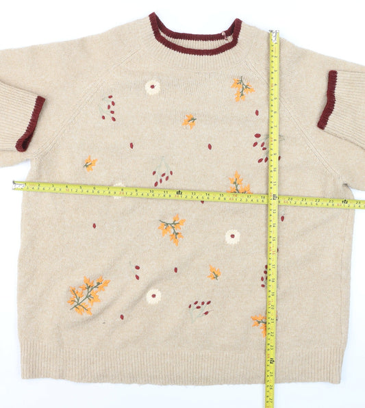 Autonomy Women Beige Embroidered Floral Plus Size 22 Crew Neck Jumper