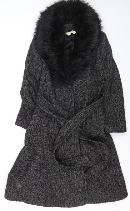 Gallery Women’s Grey Wool Blend Belted Faux Fur Collar Long Coat Size 12