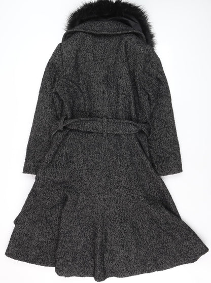 Gallery Women’s Grey Wool Blend Belted Faux Fur Collar Long Coat Size 12